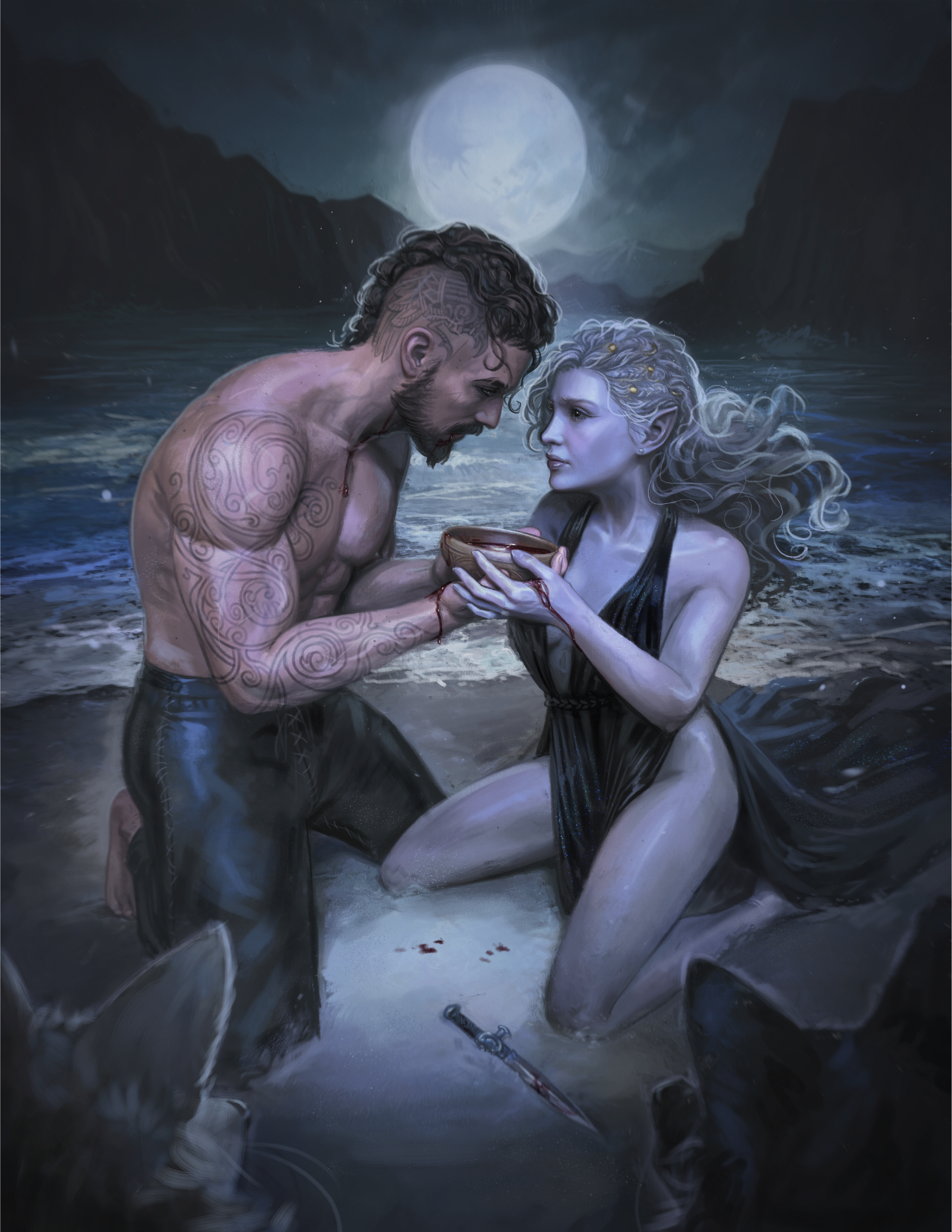 Fantasy man and woman character on a beach under a full moon
